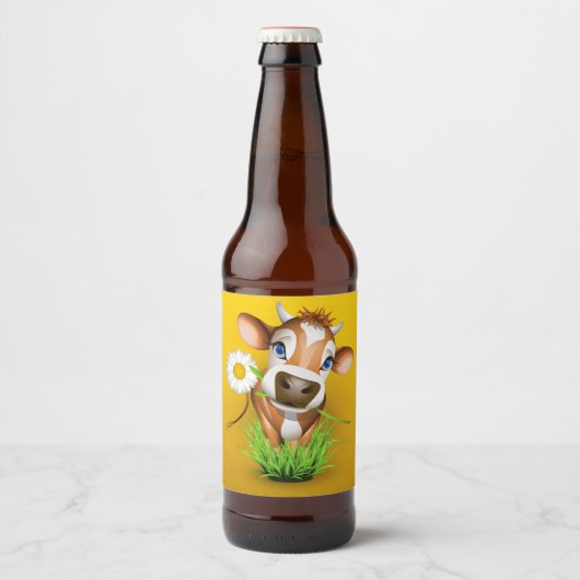 Jersey koe in gras boven geel bier etiket (Voorkant)