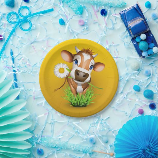 Jersey koe in gras boven geel papieren bordje (Feest)