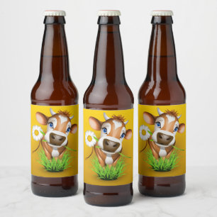 Jersey koe in gras over geel bier etiket