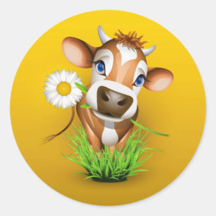 Jersey koe in gras over geel ronde sticker