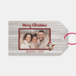Jersey Koe, Schuur Hout, Foto "Moory Christmas" Cadeaulabel