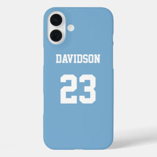 Jersey naam nummer licht blauw wit op maat iPhone 16 plus hoesje