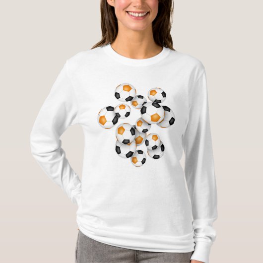 Jersey nummer op groep van voetballen sinaasappel t-shirt (Voorkant)