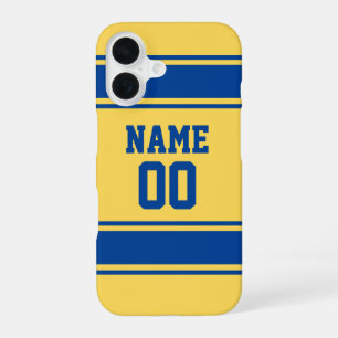 Jersey stijl geel en blauw persoonlijk meisjesacht iPhone 16 hoesje
