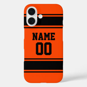 Jersey Style Sinaasappel en zwart Gepersonaliseerd iPhone 16 Hoesje