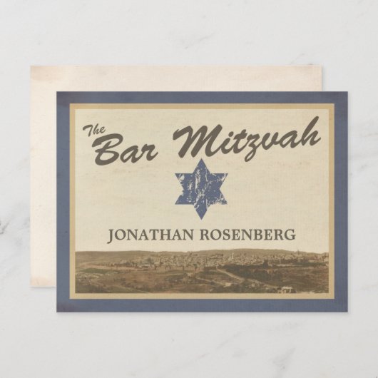  Jerusalem Bar Mitswa Red de datum Navy Aankondigingskaart (Voorkant / Achterkant)