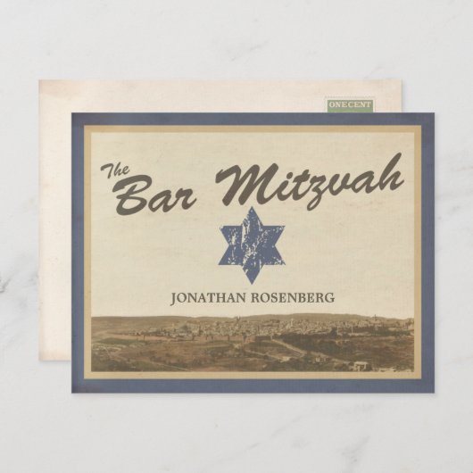  Jerusalem Bar Mitzvah RSVP Reply Card Navy (Voorkant / Achterkant)