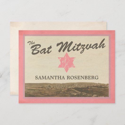 Jerusalem Bat Mitzvah Bewaar de datum Roze Aankondigingskaart (Voorkant / Achterkant)