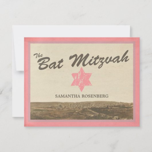 Jerusalem Bat Mitzvah Reply Card in roze RSVP Kaartje (Voorkant)