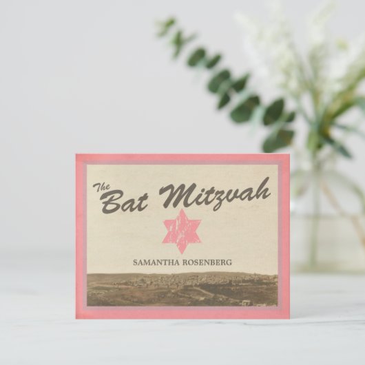 Jerusalem Bat Mitzvah Reply Card in roze RSVP Kaartje (Staand voorkant)