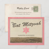 Jerusalem Bat Mitzvah Reply Card in roze RSVP Kaartje (Voorkant / Achterkant)
