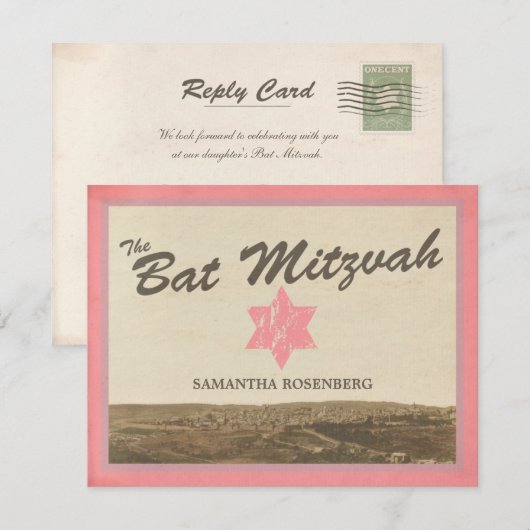  Jerusalem Bat Mitzvah Reply Card in roze RSVP Kaartje (Voorkant / Achterkant)