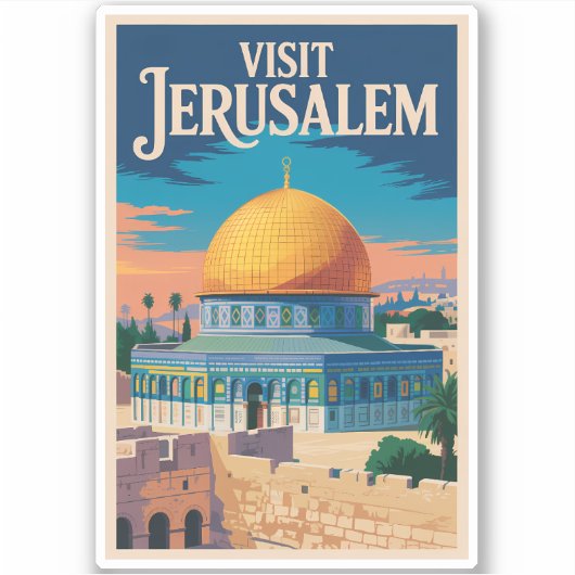 Jerusalem Israel Illustration Travel Art Vintage Sticker (Voorkant)