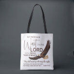 Jesaja 40:31 Zij die wachten op de Schrift van de  Tote Bag<br><div class="desc">Maar zij die op de Here wachten, zullen hun kracht vernieuwen; zij zullen opklimmen met vleugels als arenden, zij zullen rennen en niet vermoeid zijn, zij zullen wandelen en niet flauw vallen (Jesaja 40:31) Inspirerend Bijbelvers Waterverf Adelaarsvogelontwerp. Dit mooie vers belooft ons dat degenen die op de Heer wachten, echt...</div>