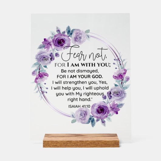 Jesaja 41:10 Vrees niet Paarse Bloemen Schrift Acryl Bord (Voorkant)