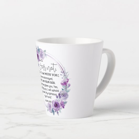 Jesaja 41:10 Vrees niet Paarse Bloemen Schrift Latte Mok (Rechterhoek)