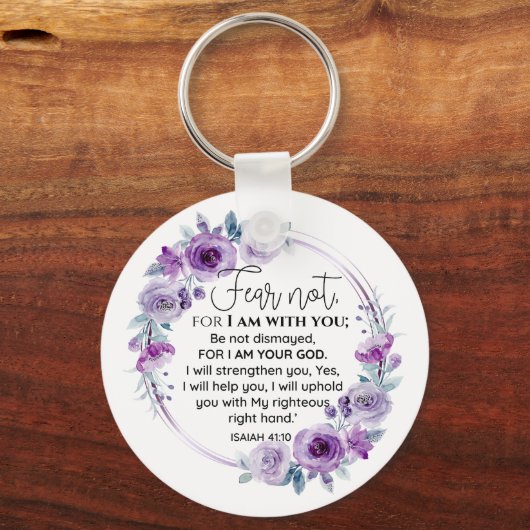 Jesaja 41:10 Vrees niet Paarse Bloemen Schrift Sleutelhanger (Voorkant)