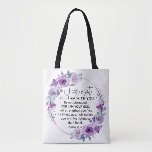 Jesaja 41:10 Vrees niet Paarse Bloemen Schrift Tote Bag (Voorkant)