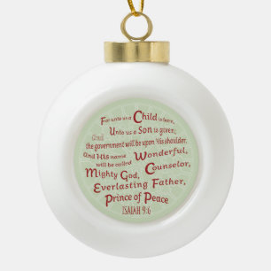 Jesaja 9:6 Bijbelvers in Kerstmis kleuren Keramische Bal Ornament