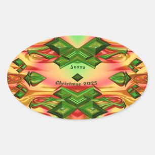 JESSA ~ KERST 2025 Groen Rood Geel Fractal ~ Ovale Sticker