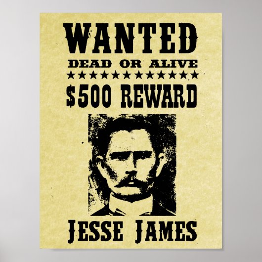Jesse James Old Wild West Replica Wanted Poster (Voorkant)