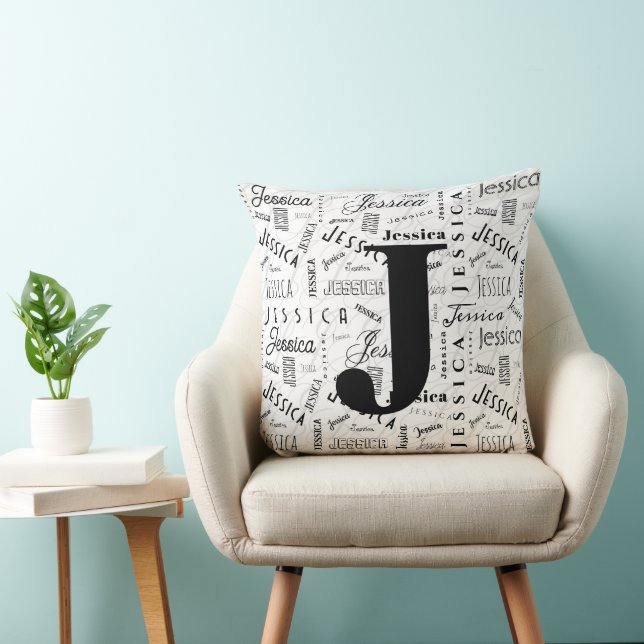 Jessica Aangepaste Naam Zwart Wit Monogram J Kussen (Stoel)