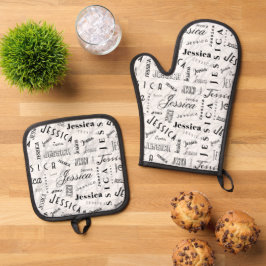 Jessica Aangepaste Naam Zwart Wit Ovenwant & Pannenlap Set