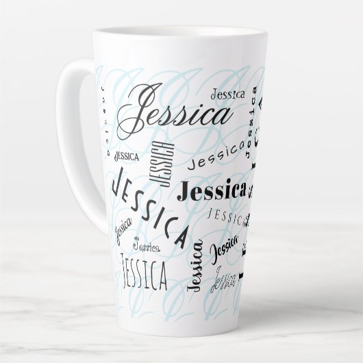 Jessica Custom Name Black White Blue Latte Mok (Linkerhoek)