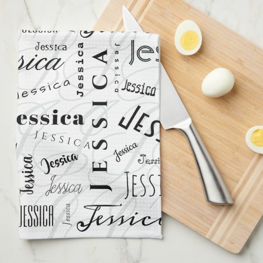 Jessica Custom Name Black White Theedoek (Quarter Fold)