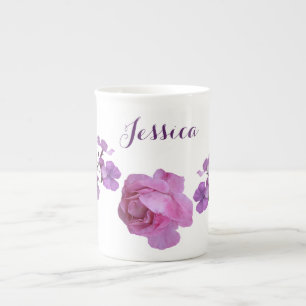Jessica naam roze roos paarse bloemen Porselein Kop