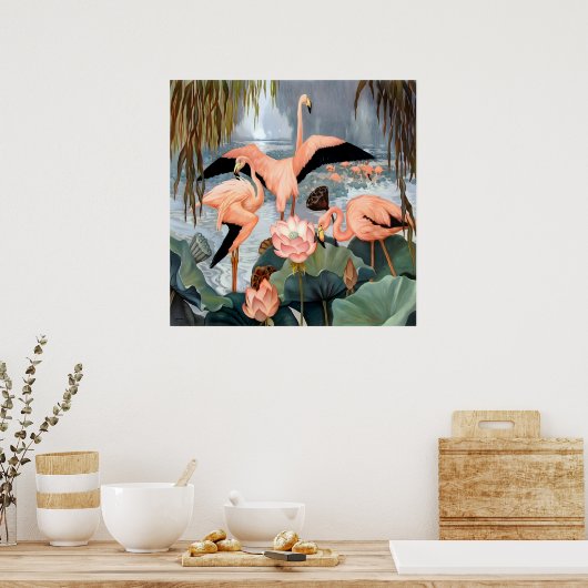 Jessie Arms Botke - Flamingos en lotus Poster (Keuken)