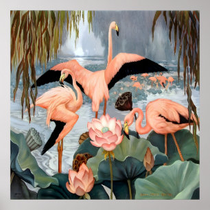 Jessie Arms Botke - Flamingos en lotus Poster