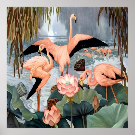 Jessie Arms Botke - Flamingos en lotus Poster (Voorkant)