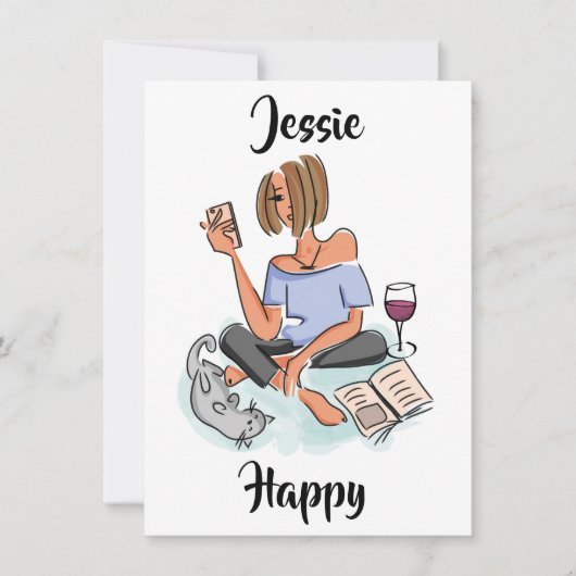 Jessie Happy met Cell, Wine en Cat Kaart (Voorkant)