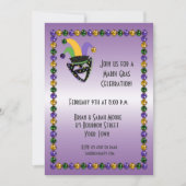 Jester, Beads, Mardi Gras Party Invitation Kaart (Voorkant)