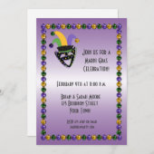 Jester, Beads, Mardi Gras Party Invitation Kaart (Voorkant / Achterkant)