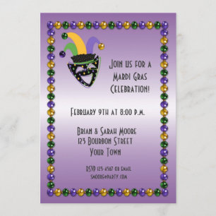Jester, Beads, Mardi Gras Party Invitation Kaart