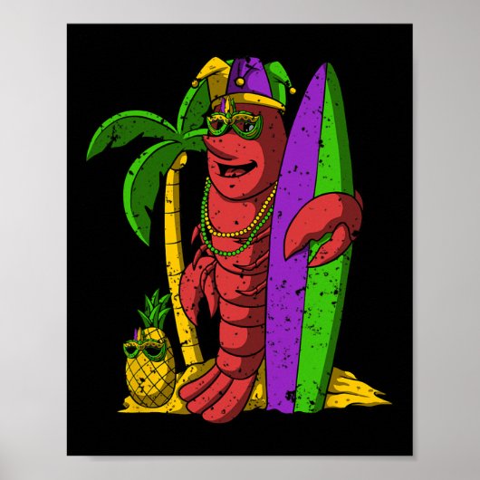 Jester Crawfish Surfer Mardi Gras Surfing Carnaval Poster (Voorkant)