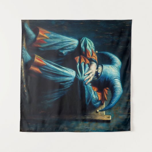 Jester draagt blauw zittend in de stoel wandkleed (Voorkant (horizontaal))