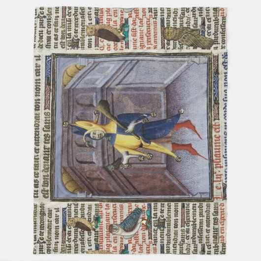 JESTER HOLDING OWL MEDIEVAL MANUSCRIPT FLEECE DEKEN (Voorkant)