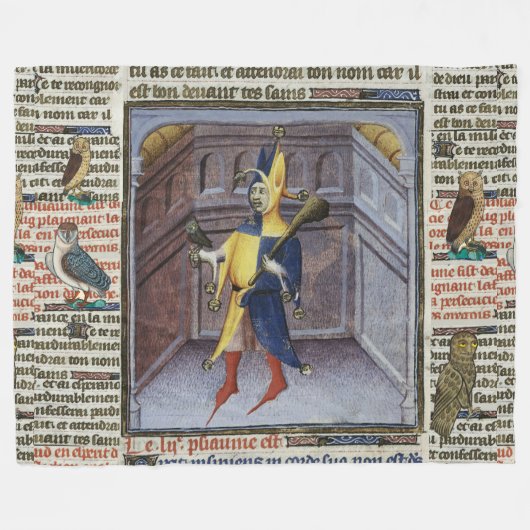 JESTER HOLDING OWL MEDIEVAL MANUSCRIPT FLEECE DEKEN (Voorkant (Horizontaal))