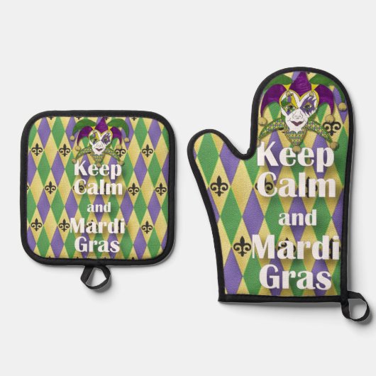 Jester Mask Keep Calm en Mardi Gras Ovenwant & Pannenlap Set (Voorkant)