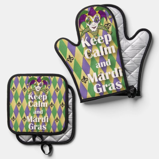 Jester Mask Keep Calm en Mardi Gras Ovenwant & Pannenlap Set (Voorkant / Achterkant)