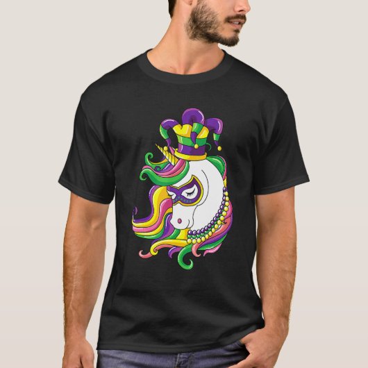 Jester Rainbow Unicorn Mardi Gras Mask Costume T-shirt (Voorkant)