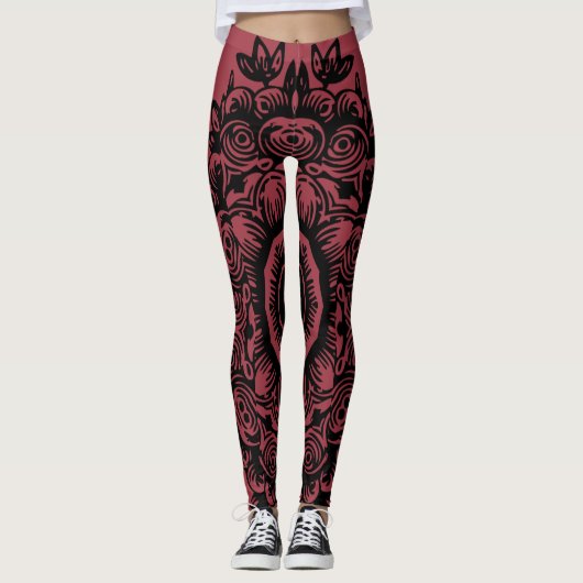 Jester Red met Black Damask Pattern Athletic Leggings (Voorkant)