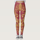 Jester Red met Gold Damask Pattern Athletic Leggings (Voorkant)