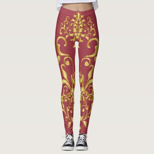 Jester Red met Gold Damask Pattern Athletic Leggings (Voorkant)