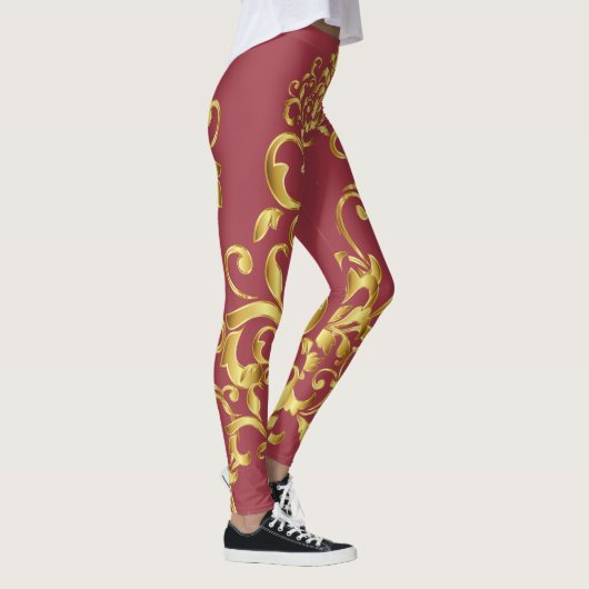 Jester Red met Gold Damask Pattern Athletic Leggings (Rechts)