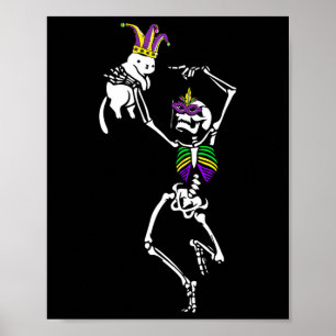 Jester Skeleton Dancing Cat Mardi Gras Mask Carniv Poster