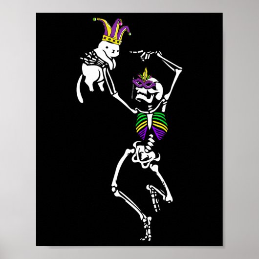 Jester Skeleton Dancing Cat Mardi Gras Mask Carniv Poster (Voorkant)